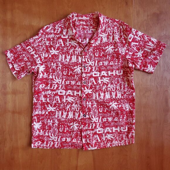 Vintage Hawaiian Shirt Mens M Red Pelele Hawaii Oahu Kauai Maui Palm Tree Button - Picture 3 of 11